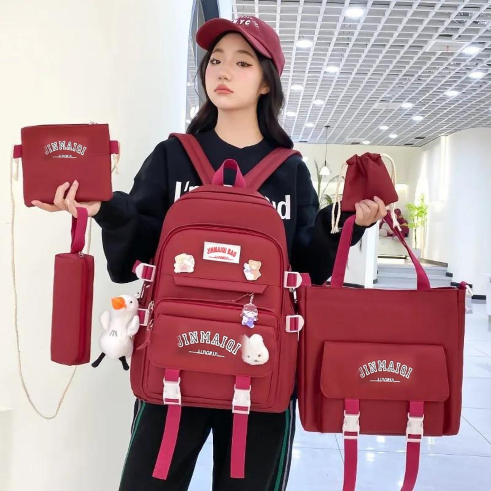 Mochila escolar Set Di Zaino Per Studenti A 5 Pezzi Con Ciondoli Gratuiti, Kit Pratico Borse Scolastiche Ragazze Della Scuola Superiore Uso Giornaliero Del Campus-c-china Mainland