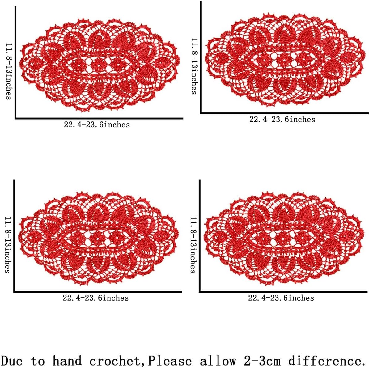 BIBITIME Crochet Knitted Table Doilies Lace Doily Handmade Placemats Kitchen Cup Mug Mats (4PCS-11.8" x 22", Style03-Red)