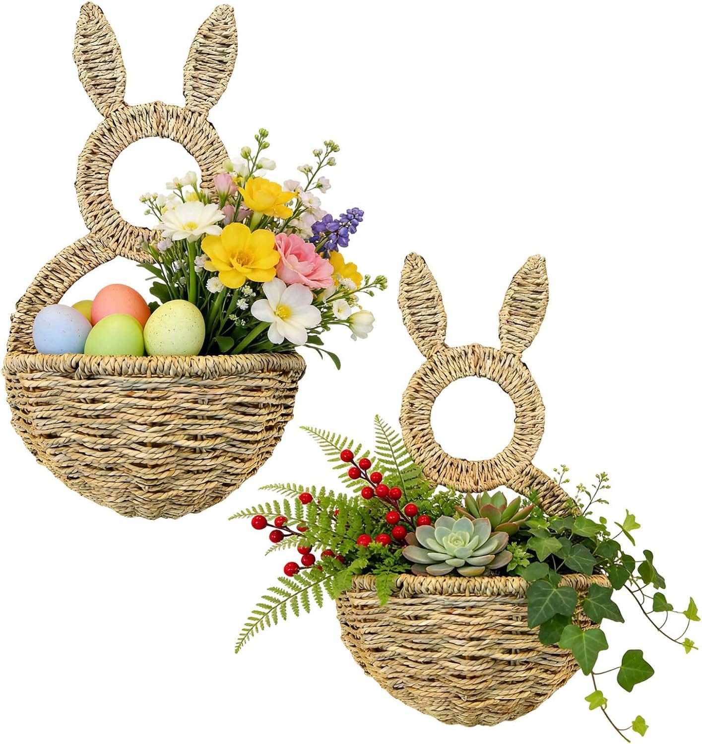 Easter Bunny Wicker Wall Basket, Woven Rattan Hanging Wall Pocket for Front Door Decor, Spring Holiday Rabbit Shaped Wreath Basket for Flowers Eggs Floral Arrangements, Rustic Home Decor (2pc)