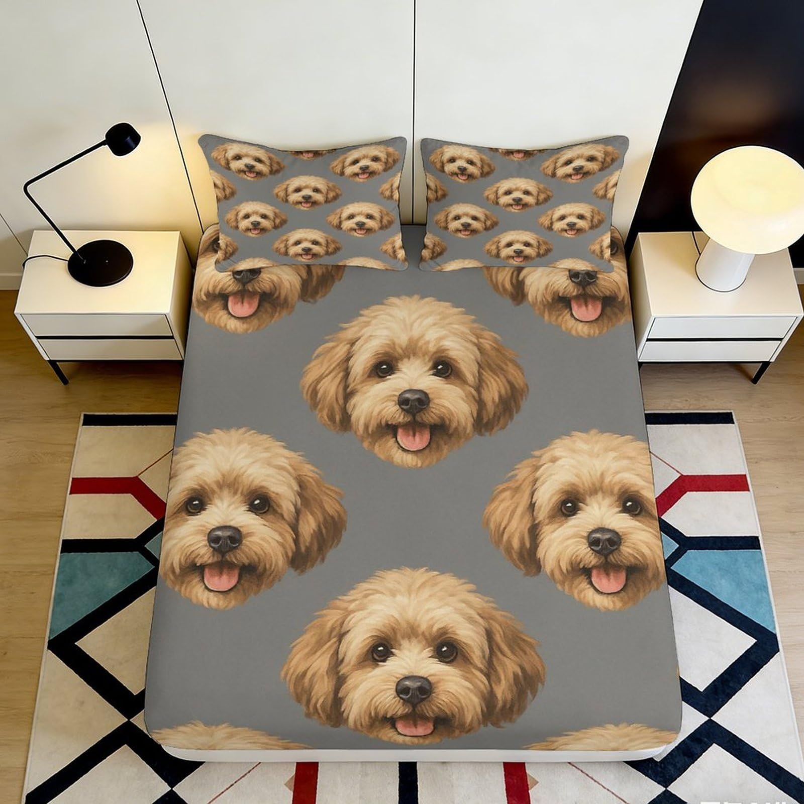 3D Printed Dog Face Pattern Fitted Sheet Microfiber Anti-Slip Grey Mattress Cover for Bedroom Dorm Easy Care Decor 180x200x25cm