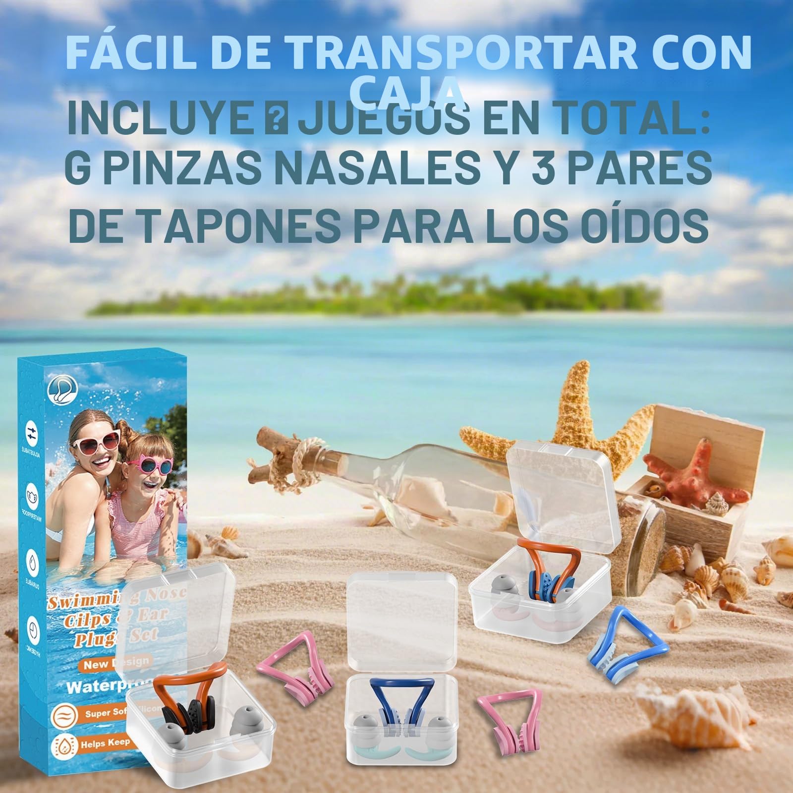 Pinza Nariz Natación Silicona Impermeable + Tapones Oídos Para Niños y Adultos – Accesorios Piscina con Caja Almacenamiento Reutilizable