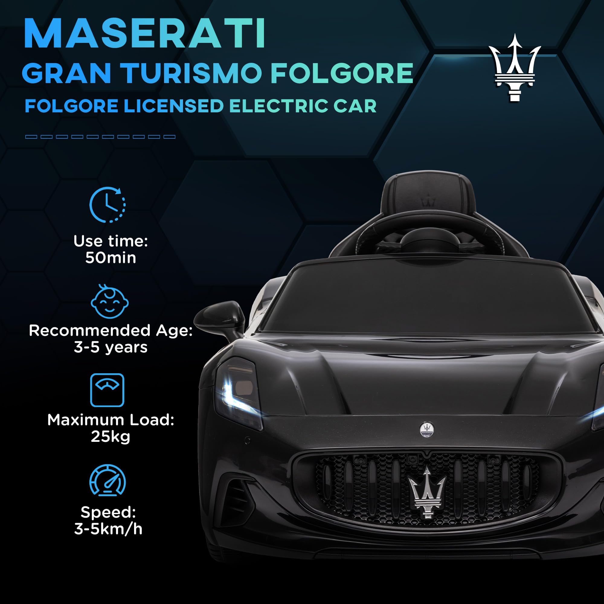 AIYAPLAY Maserati Gran Turismo Folgore con licenza elettrica per bambini, veicolo elettrico a 12V con telecomando 2.4G, fari a LED, musica, clacson, MP3, auto per bambini da 3 a 5 anni, nero