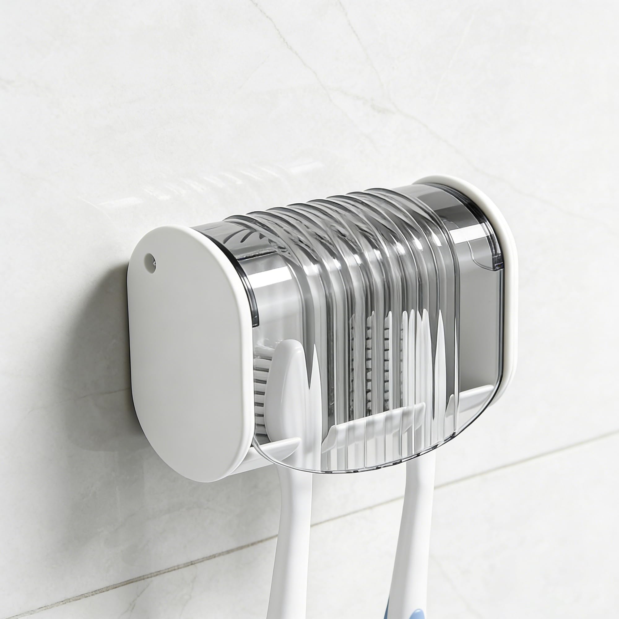 View 1 of 1 Pack Toothbrush Holder Wall Mounted with Cover for Bathroom, 2 Slots Toothbrush Storage Organizer for Shower, Self Adhesive Toothbrush Hanger (Grey)