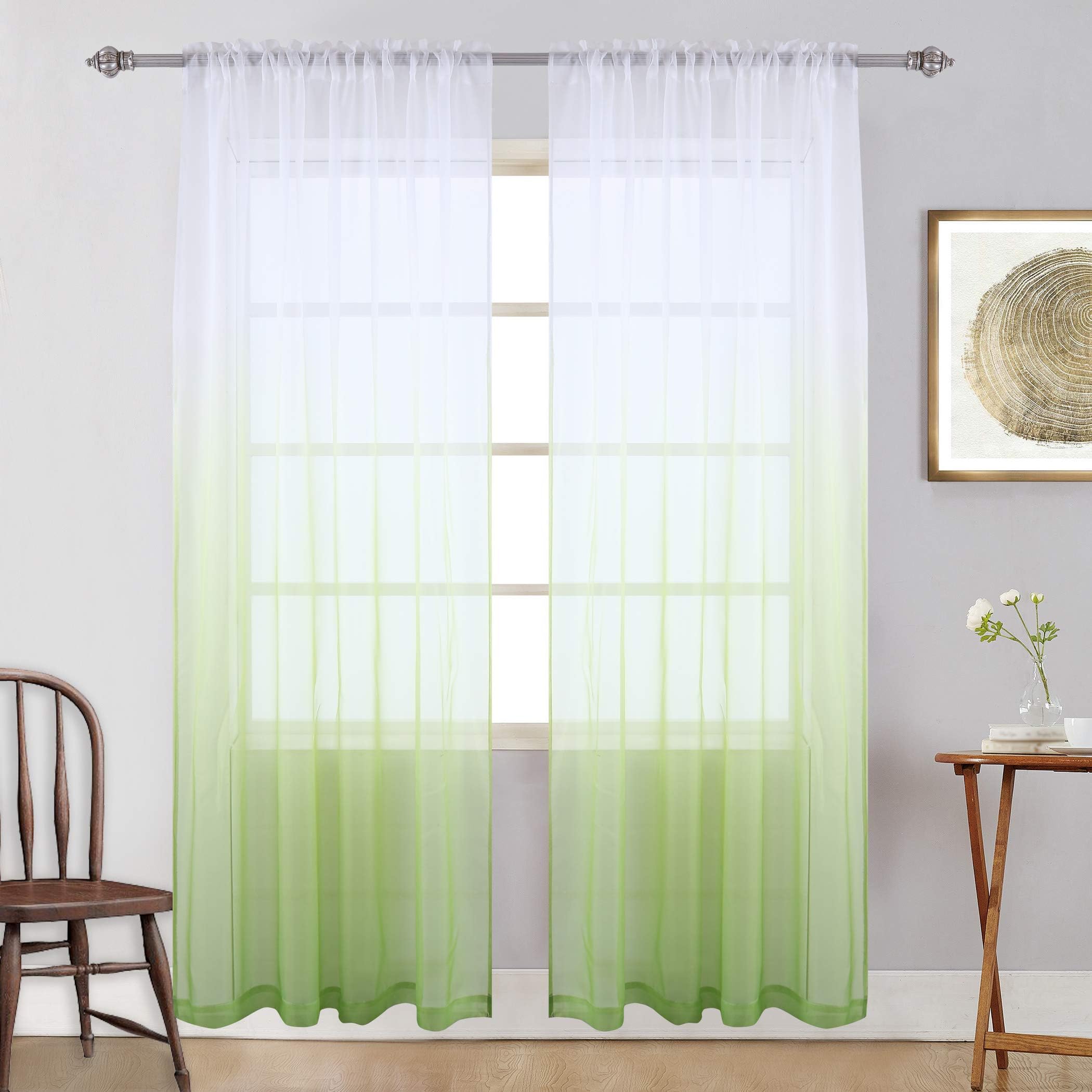 KEQIAOSUOCAI Green Sheer Curtains Ombre Window Curtains Gradient Voiles Drapes for Living Room/Bedroom/Girls Room/Kids Room/Backdrops 95 Inch Set of 2 Panels Light Green