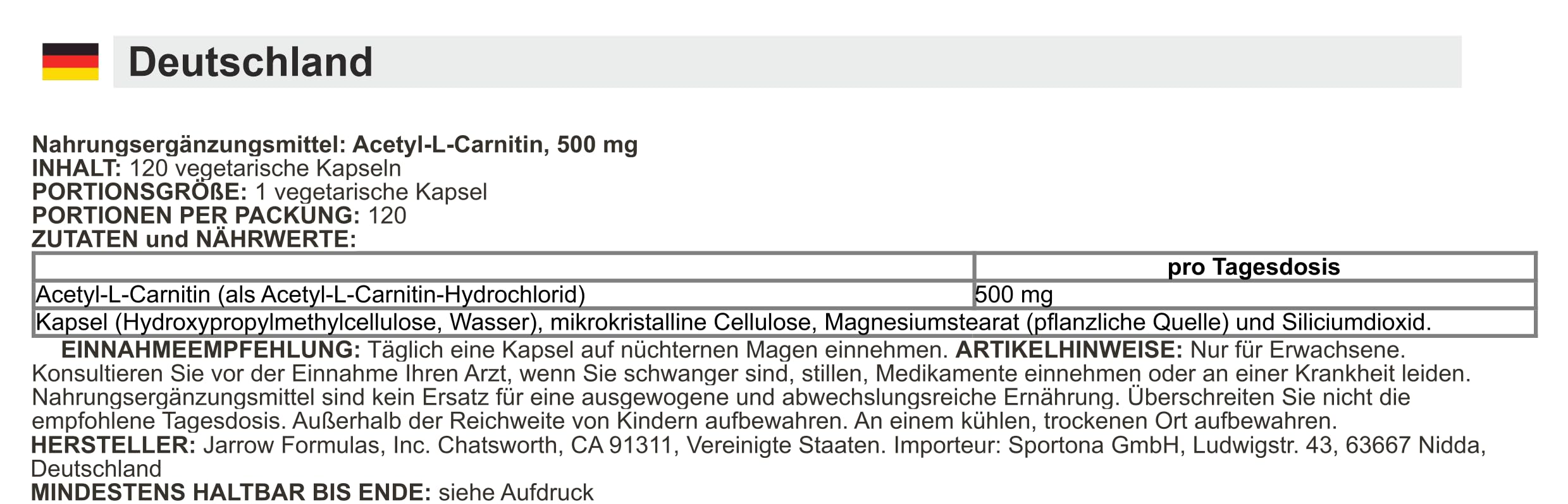 Jarrow Formulas - Acetyl L-Carnitin | 500 mg für Energie und kognitive Unterstützung - 120 Kapseln