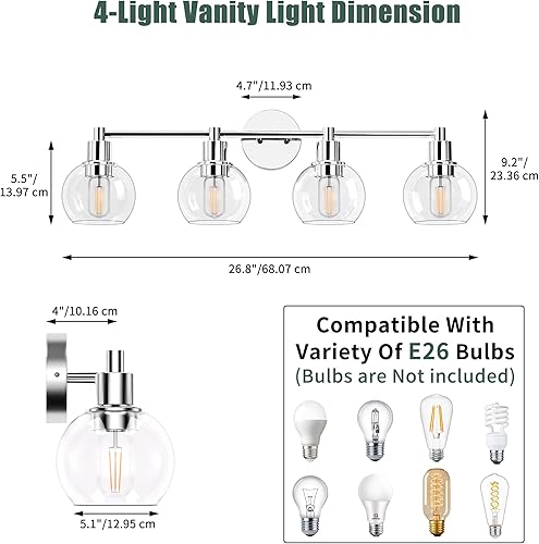 Miniatura 2 de Espird 4 luces cromadas para tocador de baño, luces de baño sobre espejo, industrial y de granja, 4 luces de pared, accesorios de iluminación de