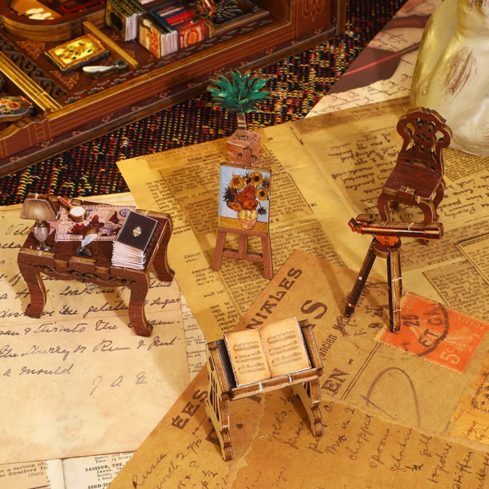 TOPBSFARNY - Support De Livre En Bois 3D Puzzle - Maison De Poupée Serre-livres Avec LED - Kit De Construction Pour Adultes - Café Japonais Sous Les Cerisiers - Cadeau DIY Créatif
