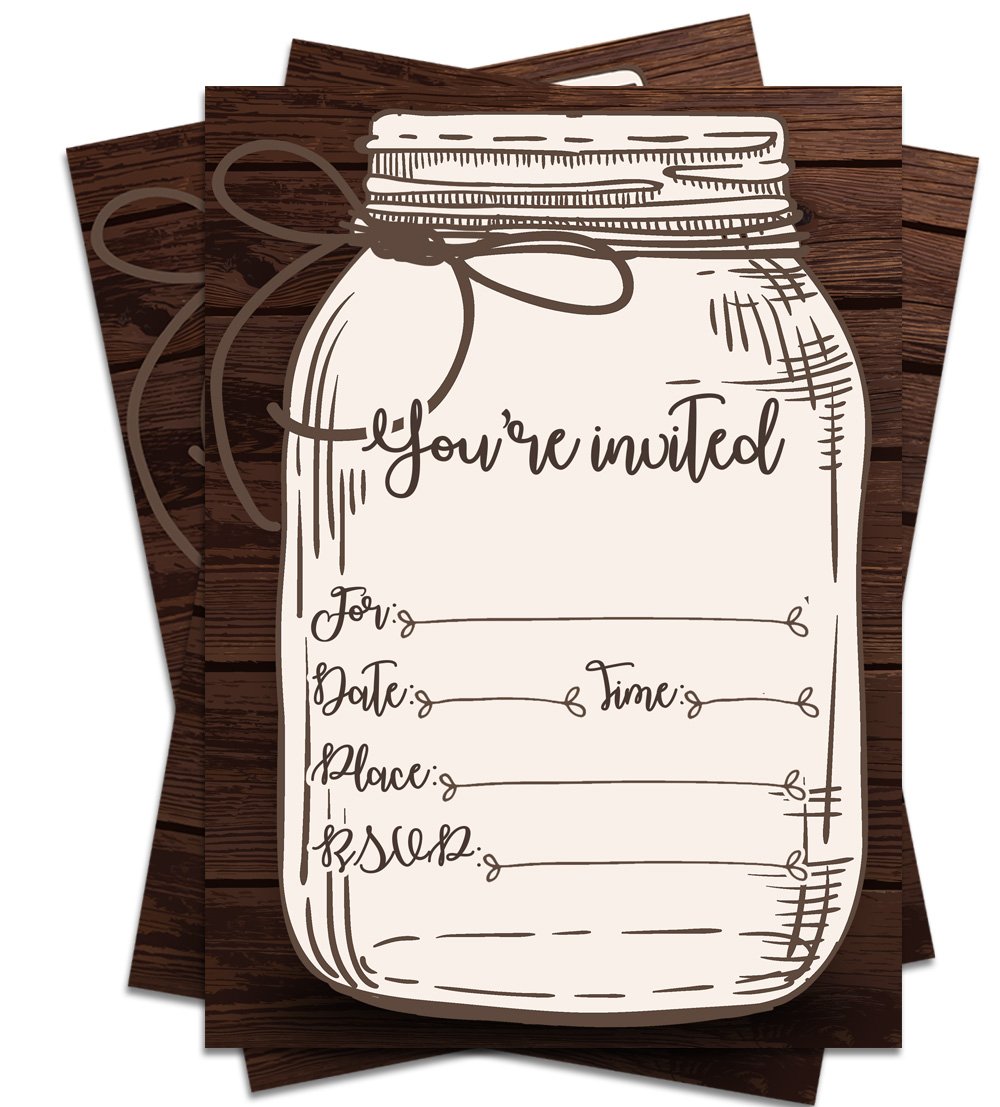 Product Hut 25 Rustic Country Mason Jar 'You're Invited' 5x7 Printed Party Invitations with Envelopes