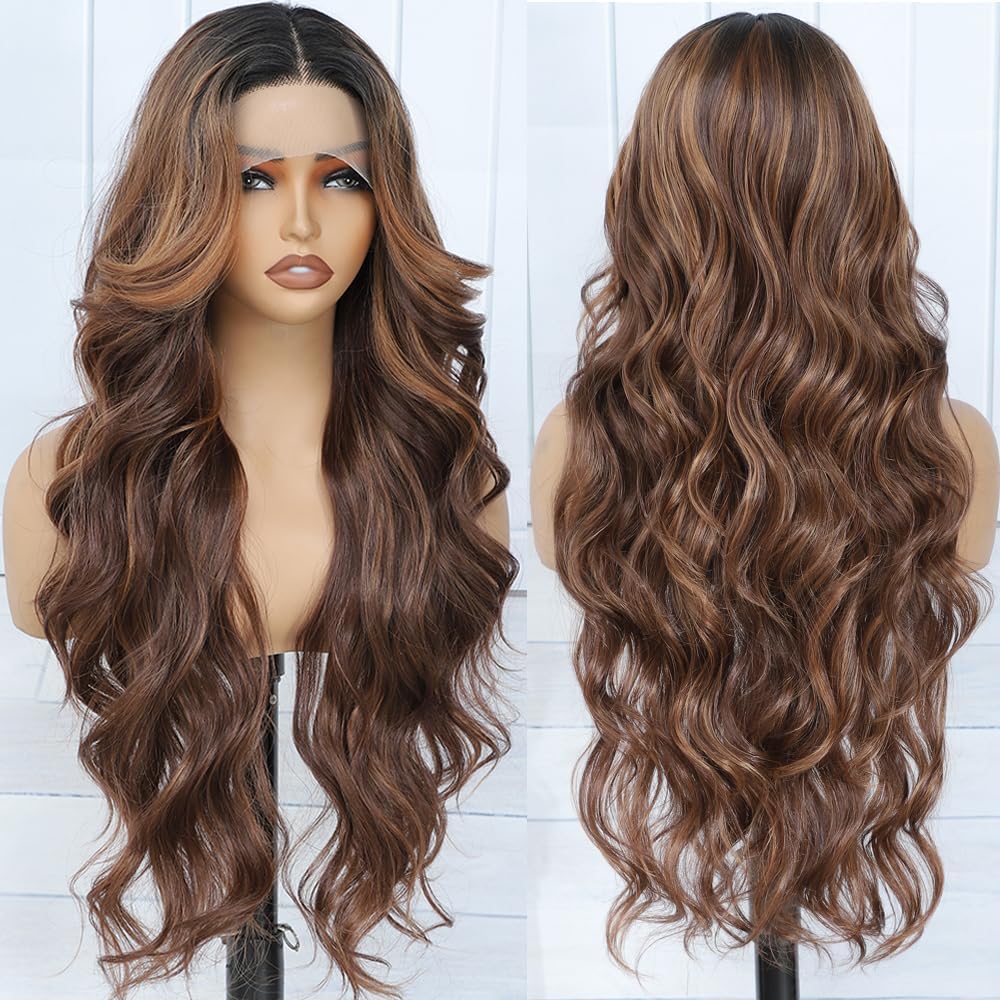 X-TRESS Chocolate Brown Highlight Lace Front wig body Wave Wigs with Dark Roots Ombre Glueless and Middle Part 28 Inch Pre Plucked For Women 13x4x1 Synthetic Halloween party use