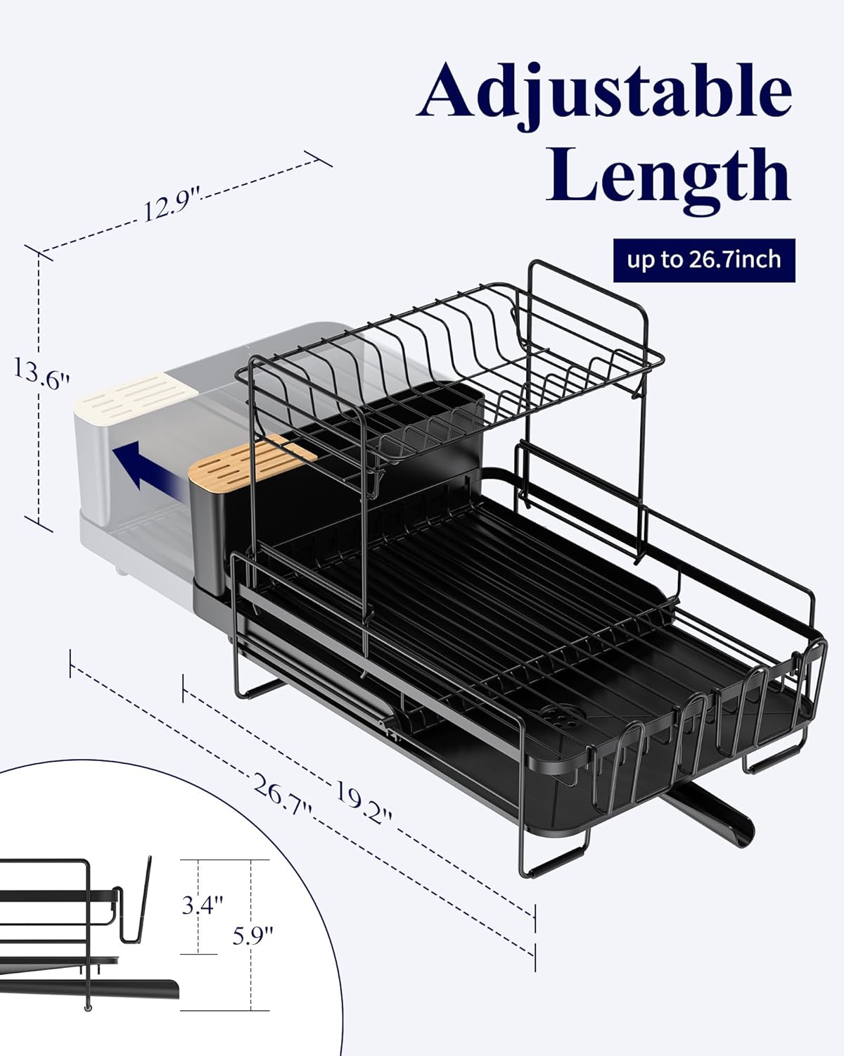 Kitsure Large Dish Drying Rack - Extendable Dish Rack, Multifunctional Dish Rack for Kitchen Counter, Anti-Rust Dish Drainers with Cutlery & Cup Holders 19.2"-26.7" L x 12.9" W x 13.6" H, Black