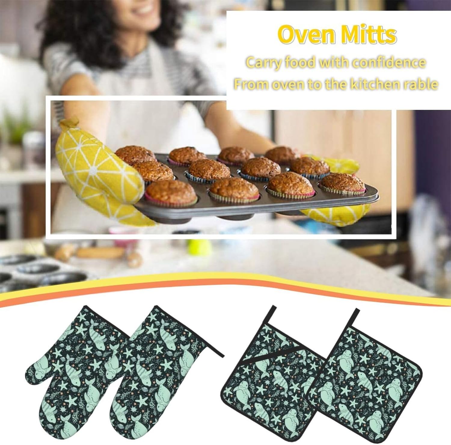 Manatee Oven Mitts and Pot Holders Set of 4, Heat Resistant Non-Slip Kitchen Gloves and Hot Pads for Cooking Baking BBQ