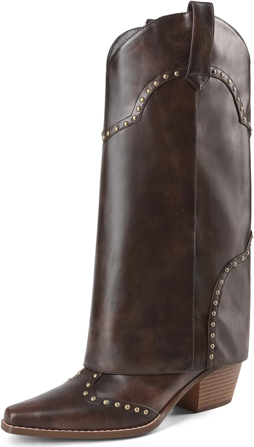 Women Shark Boots Fold Over Mid Calf Chunky Heel Snip Toe Cowboy Cowgirl Pull On Studded Boots for Women