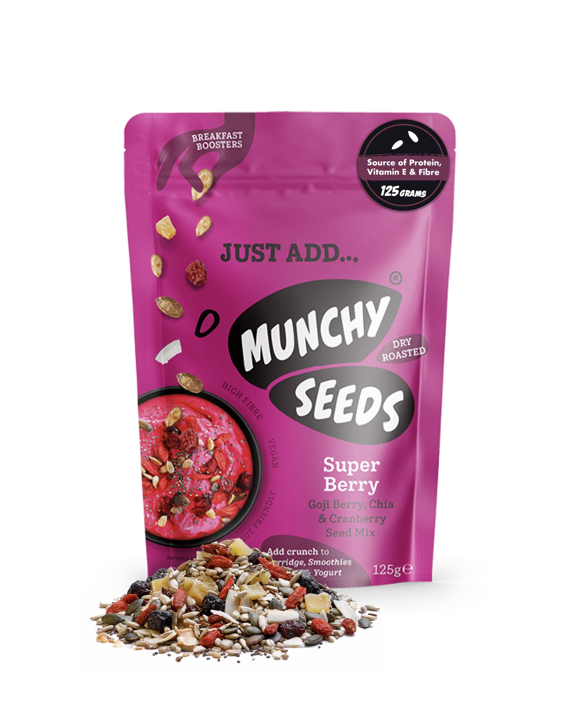 Breakfast Booster SUPER BERRY 125g Breakfast Topper with Goji, Chia, Cranberry, Sunflower Seeds & Pumpkin Seeds. Sprinkle On Porridge, Fruit, Yoghurt Or Smoothie Vegan, Fibre Vitamin E