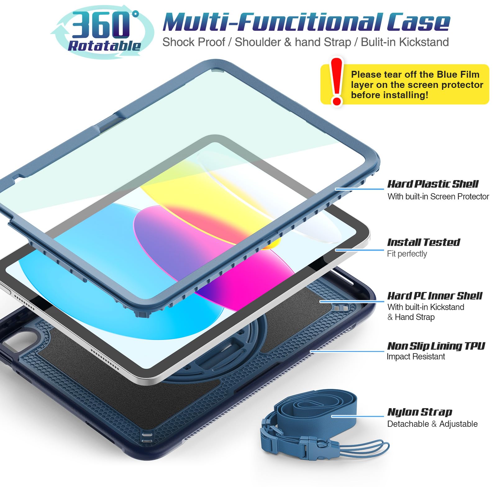 SEYMAC stock Coque pour iPad (A16) 11ème/10ème Génération 11''/10,9'' 2025/2022, Antidérapant Givré/Antichoc, avec [Support/Dragonne Rotatif à 360°] Protecteur D'écran & Porte-Stylet, Bleu Foncé