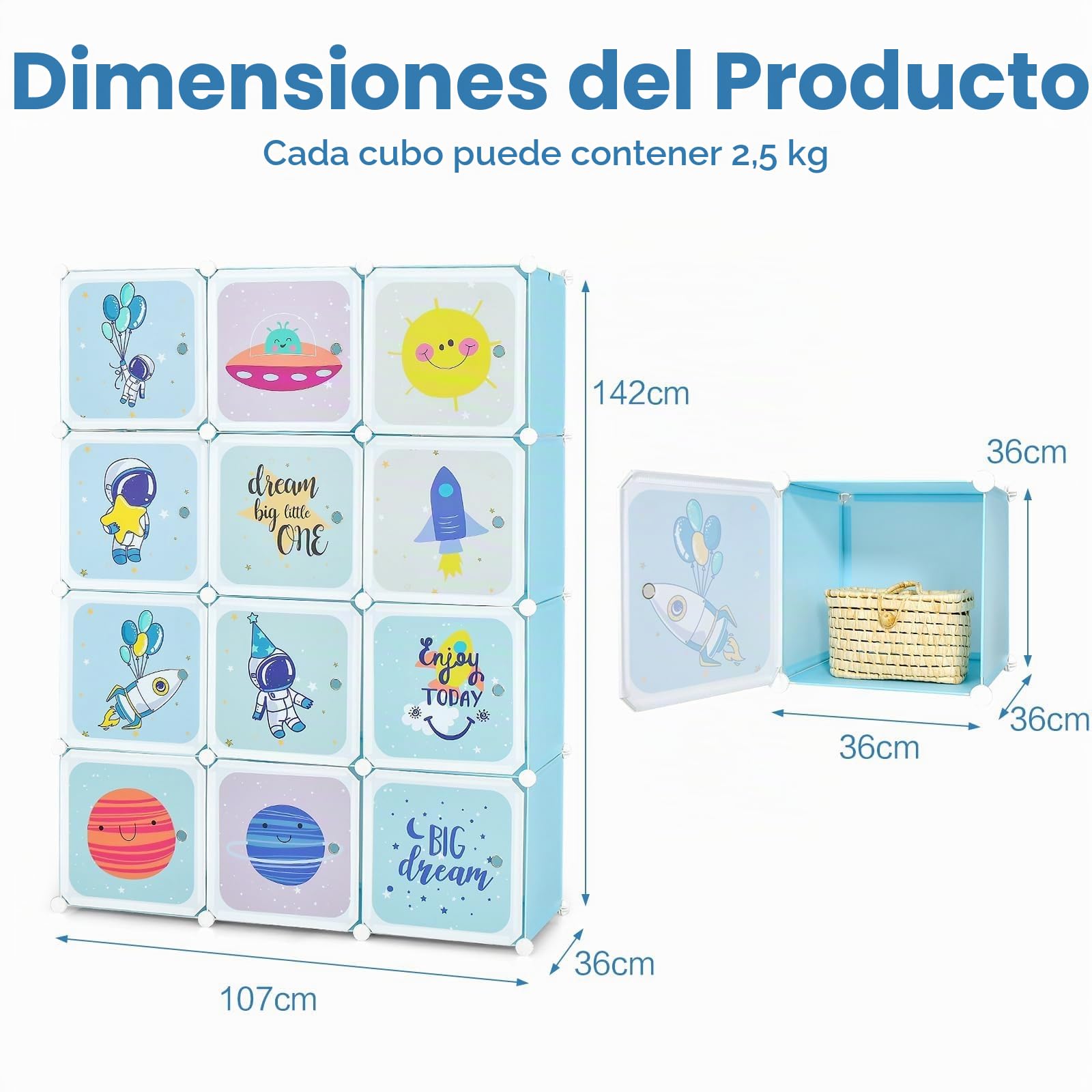 RELAX4LIFE Armadio Modulare a 8/12 Cubi per Bambini con 2 Barre Appendiabiti, 8/12 Ante, Mobile Salvaspazio per Cameretta e Asilo Nido, Portata di Ogni Cubo 10 KG (Azul,Universo-12 Cubos)