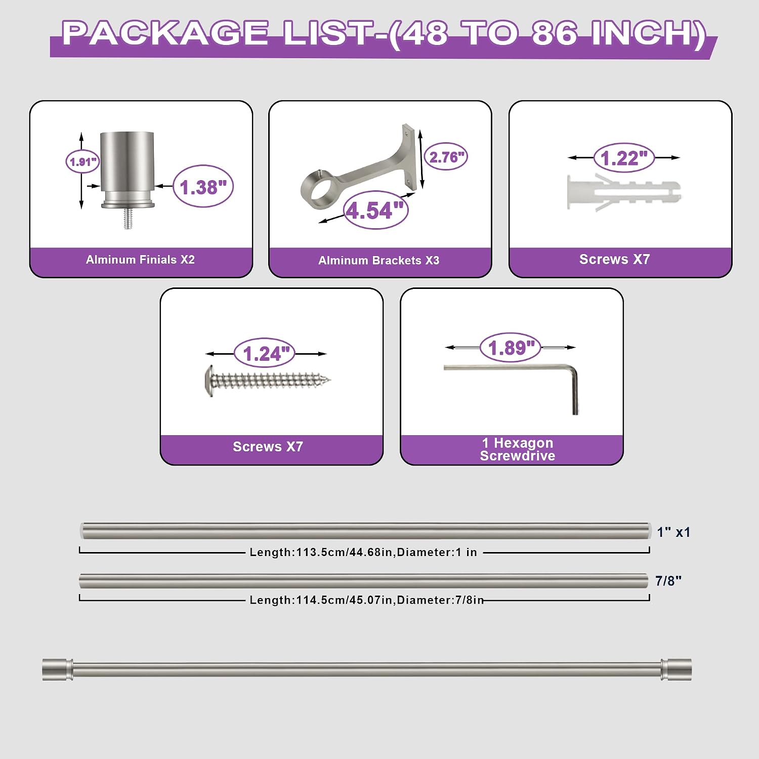 Curtain Rods for Windows 48 to 86 Inches - Aluminium Finials and Brackets - 1 Inch Diameter Decorative Window Rods - Adjustable Heavy Duty Curtain Rod - Brushed Nickel Finish
