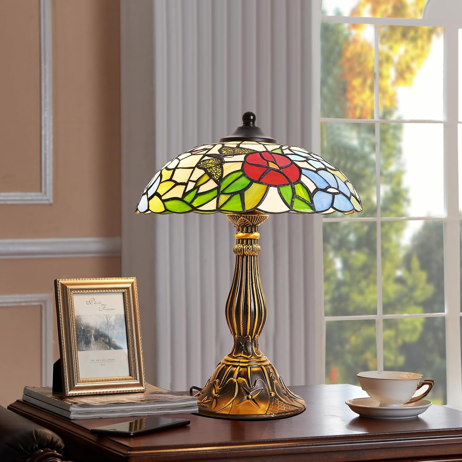 Tiffany Style Table Lamp, Stained Glass Table Light,Art Craft Antique Decor Lamp for Bedside Nightstand Bedroom Living Room Home Office ect