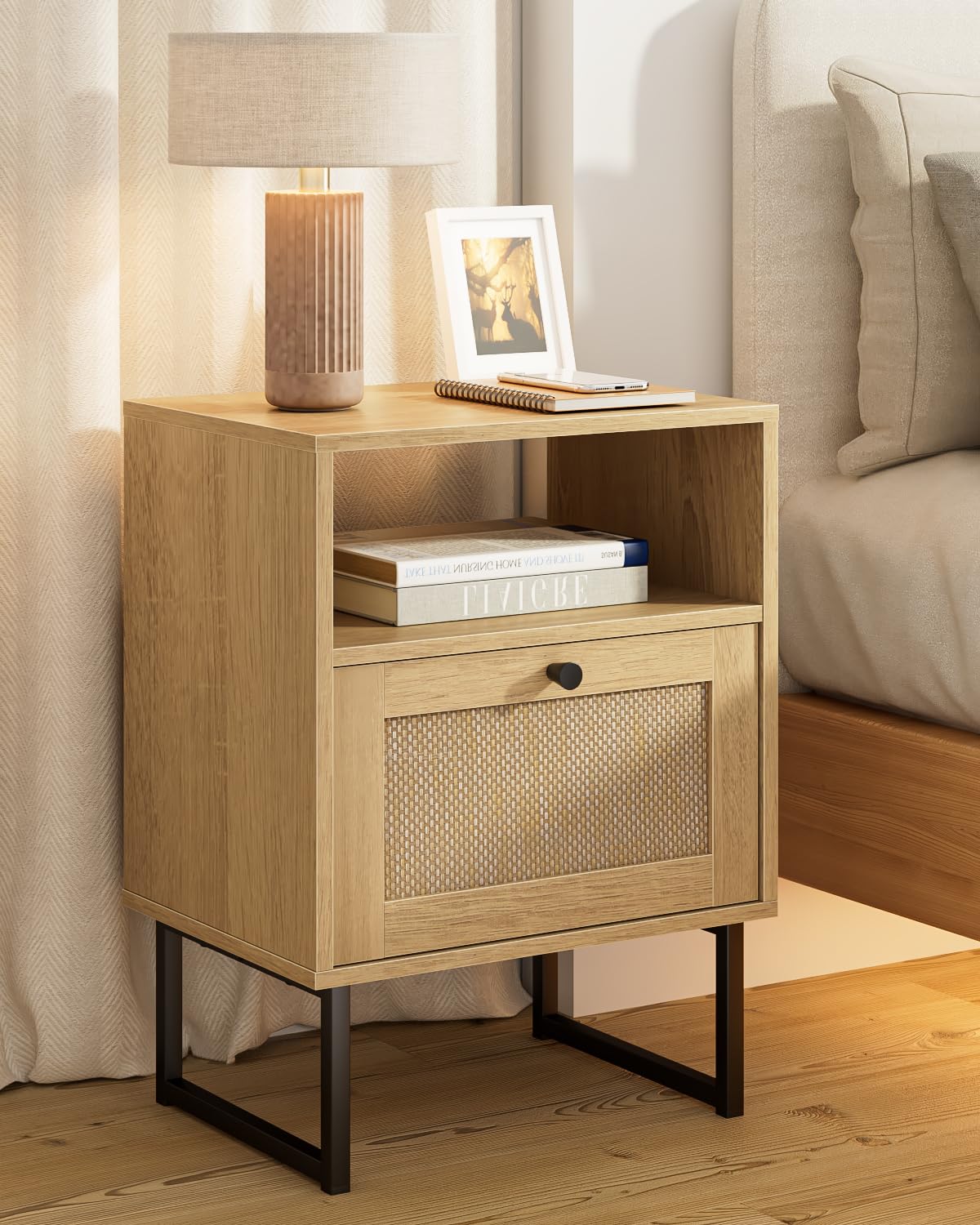 Rattan Nightstand, Mid Century Modern Night Stand,Boho Farmhouse Wood Bedside Table with Storage and Open Shelf, End Side Accent Table for Bedroom,Living Room,Oak