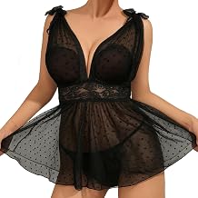 Famstar Women Polka Dots Mesh Babydoll Lingerie Lace Mini Night Dress