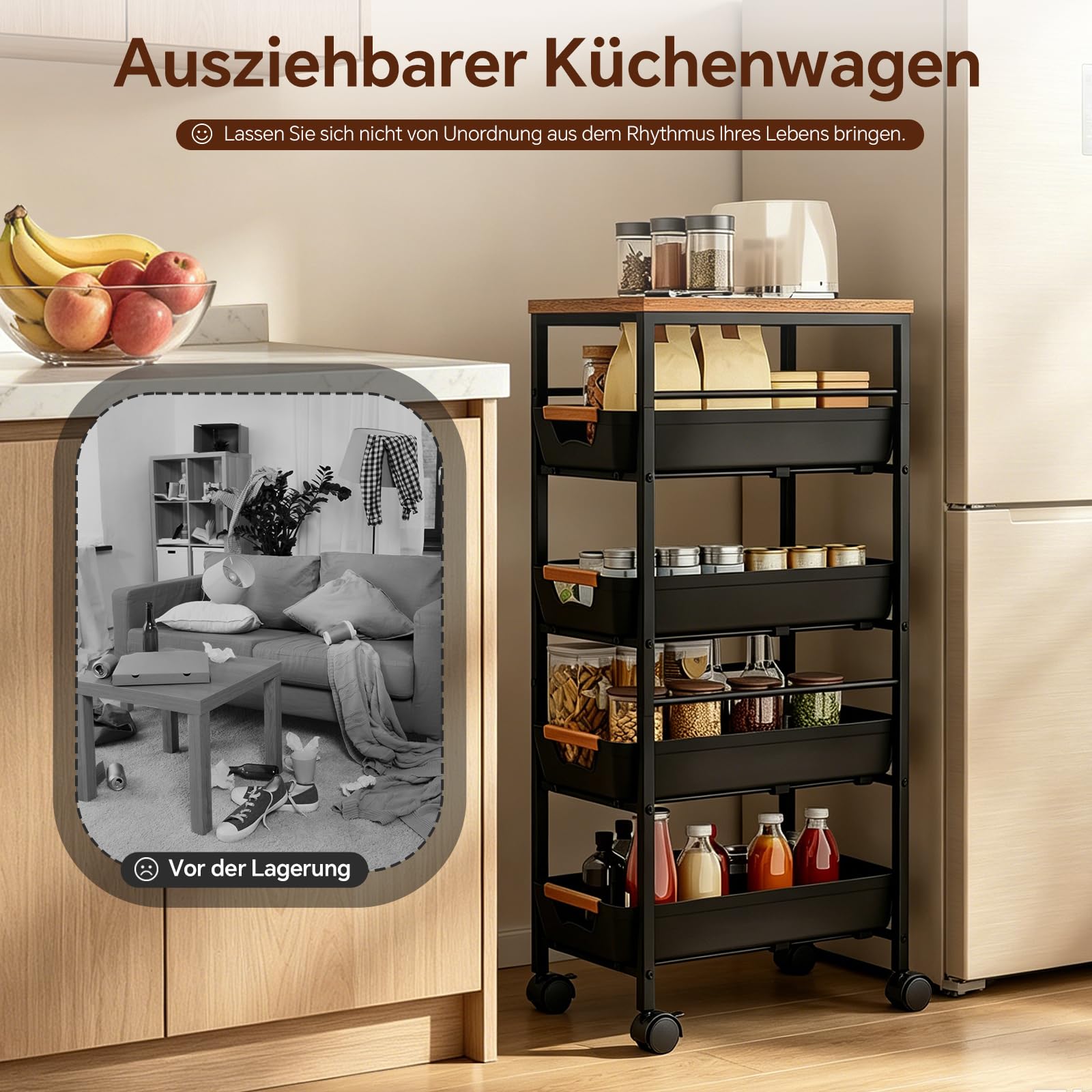 Küchenwagen mit 5 Ebenen & 4 Schubladen, 360° Rollen mit 2 Bremsen | Metall Rollwagen, Aufbewahrungswagen mit Holzplatte, Belüfteten Körben für Obst, Gemüse in Küche & Wohnzimmer (32x38x81.5cm)