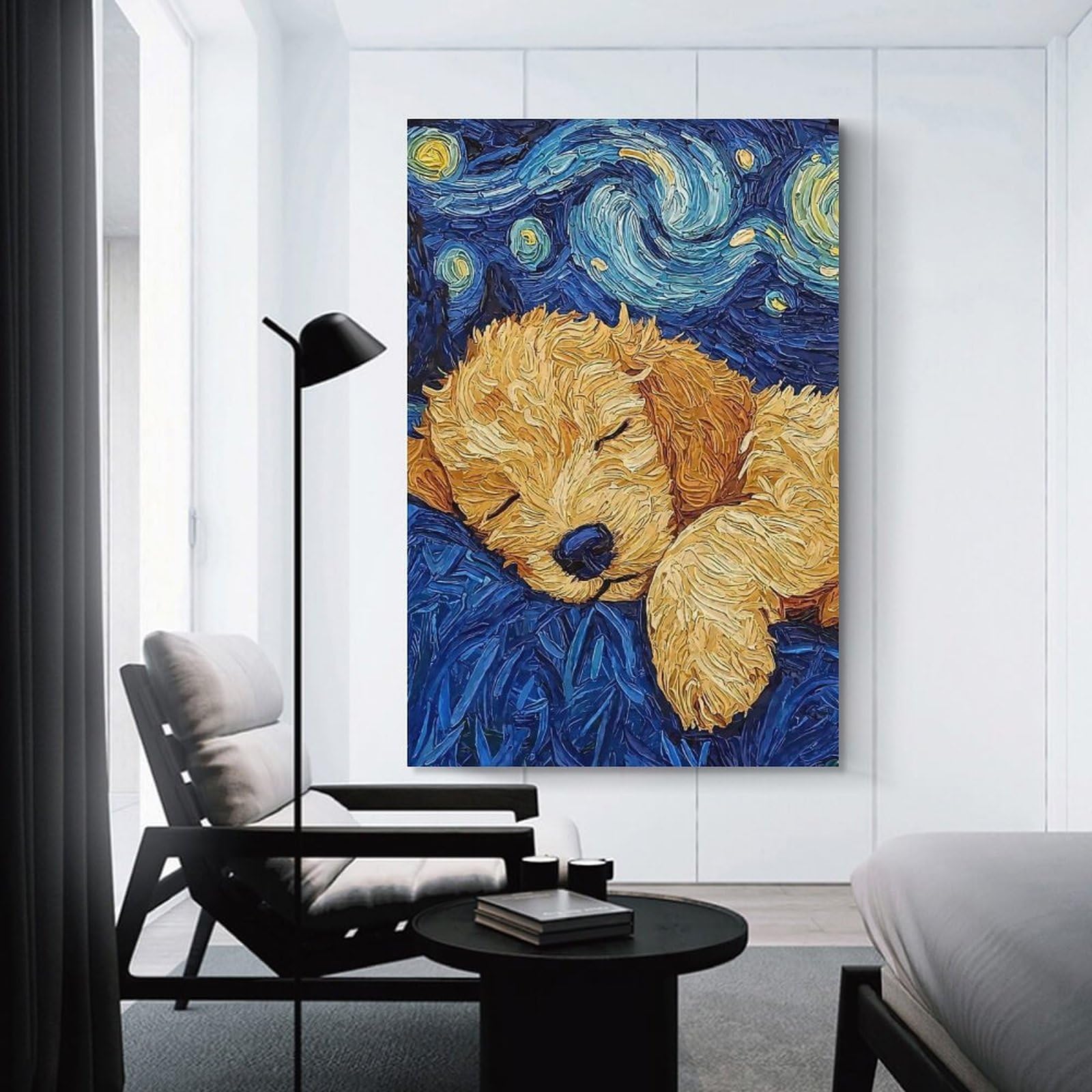 Junmoney Unframe-Style-16 Puppys Starry Night Hanging Wall Art, 24X36inch(60X90cm), For Bedroom Decor, Cosy Corners Or Studios, An Easy Wall Refresh For Bedrooms