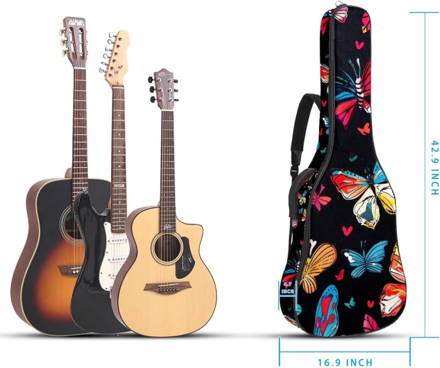 Acoustic Guitar Bag 0.4 Inch Thick Padding Waterproof Guitar Case Gig Bag for 40 41 42 Inch Electric Bass Classical Guitar, Colorful Butterflies Aesthetic Pattern