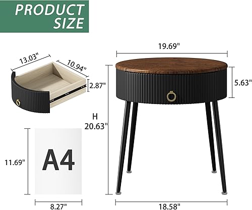 Miniatura 2 de OIOG Juego de 2 mesas auxiliares, mesitas de noche redondas con cajón, modernas mesas auxiliares para espacios pequeños, sala de estar, dormitorio,