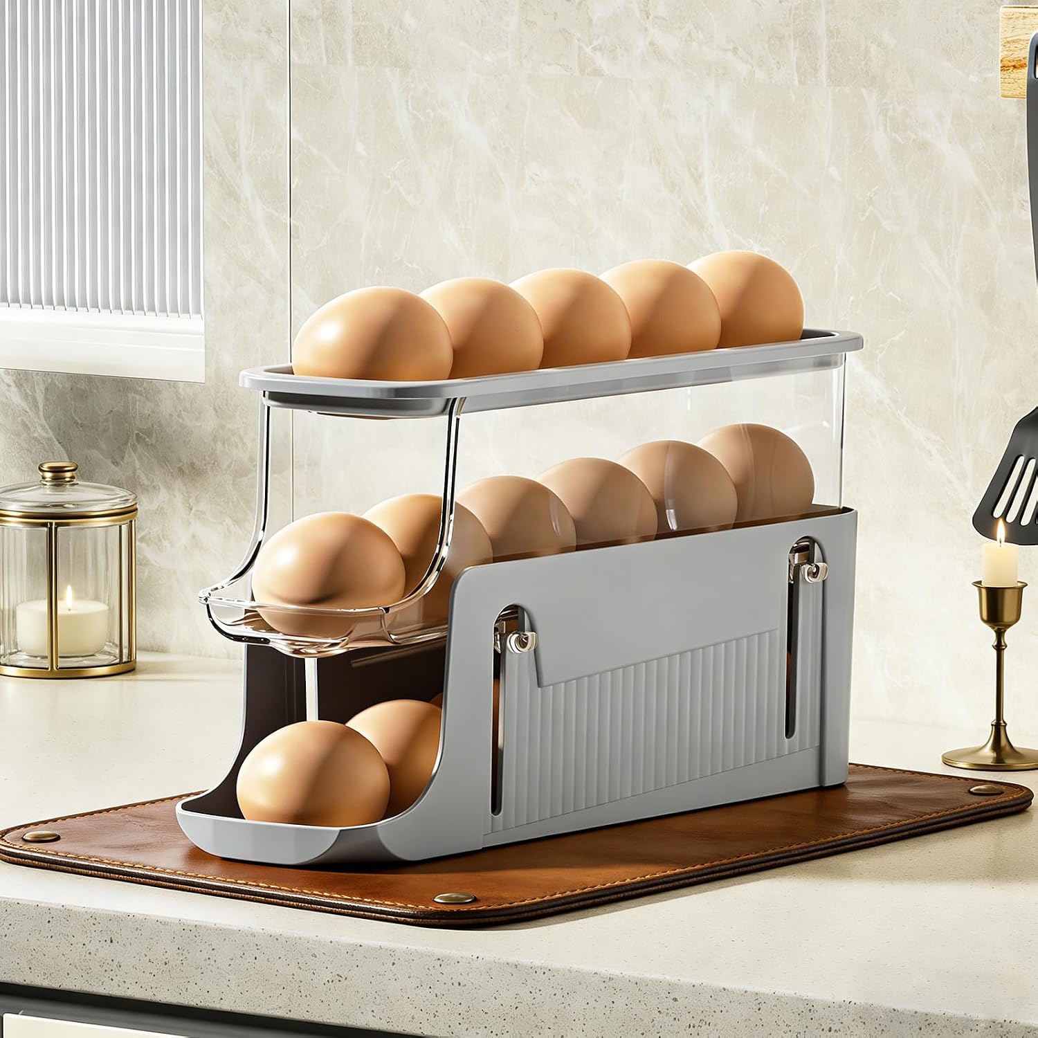 Printe Egg Holder for Fridge, Rolling Egg Holder for Refrigerator, Automatic Egg Dispenser Organizer, Egg Storage Container Rack for Refrigerator Countertop, Space Saving Fridge Organizer （Grey）