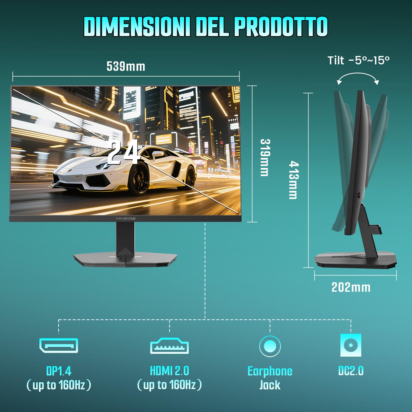Minifire Gaming Monitor 24 pollici FHD 200Hz,VA, MPRT 1ms,Free Sync, sRGB 110%, Anti-Flicker & Less Blue Light, 1xHDMI 2.0/1xDP 1.4 Port(MFG24F4H cavo HDMI inclusi)