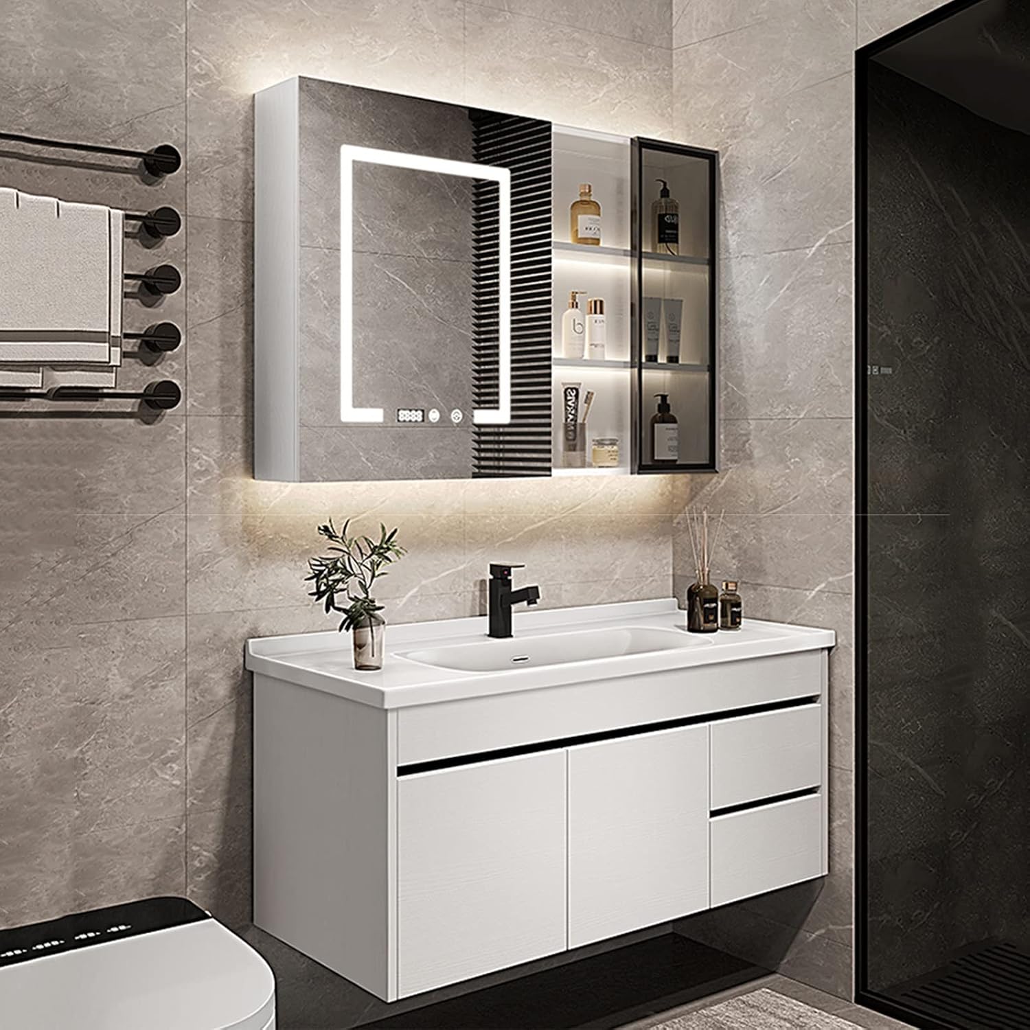 Floating Bathroom Vanity Cabinet, Laundry Sink Prep Station Wall Mounted Bathroom Organizer Glossy Ceramic Basin Sink Intergrated Wooden Drawer Wooden Bathroom Storage ( Size : 81*47*43cm/31.8*18.5*16