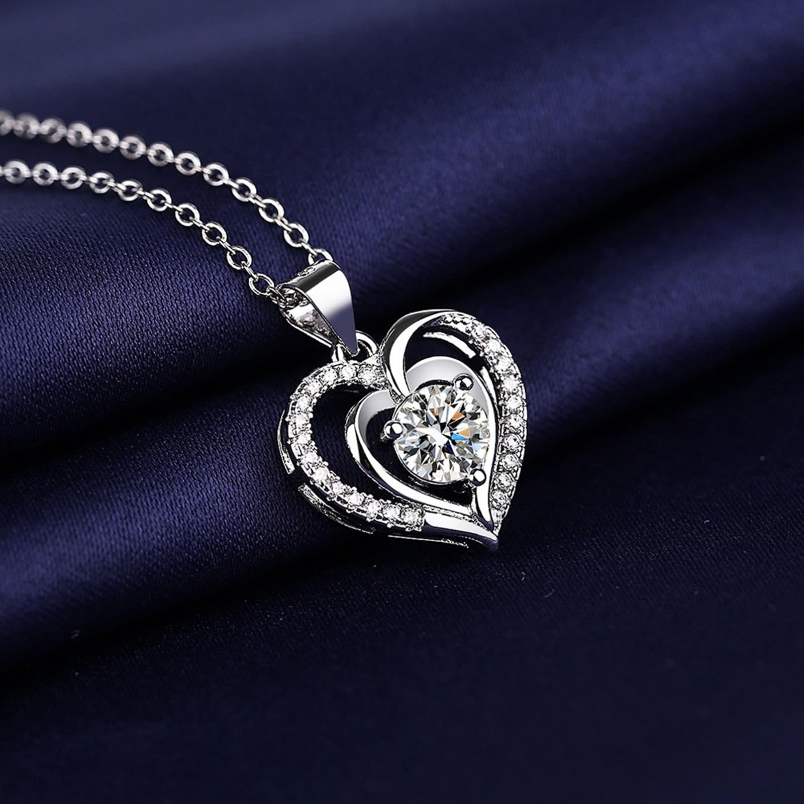 Daesar Collana Donna Oro Bianco 750 18K Vero, Ciondoli Collane Donna Classico Doppio Cuore con Diamante Sintetico Rotondo Oro Bianco, 45CM Lunghezza