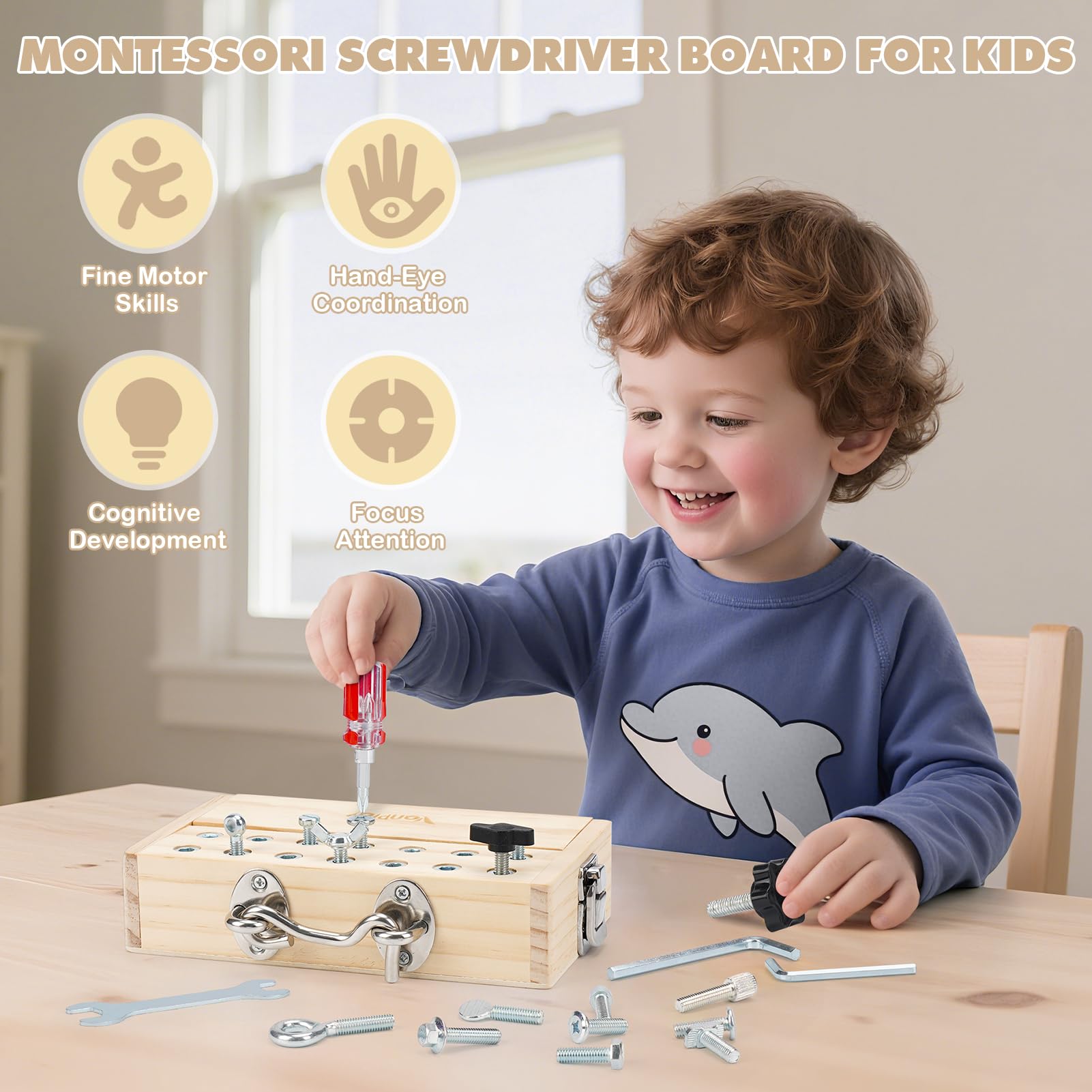 Vanplay Montessori Toys for 3 4 5 Year Olds, Montessori Screwdriver Board Set including Lock and Key - Image 2