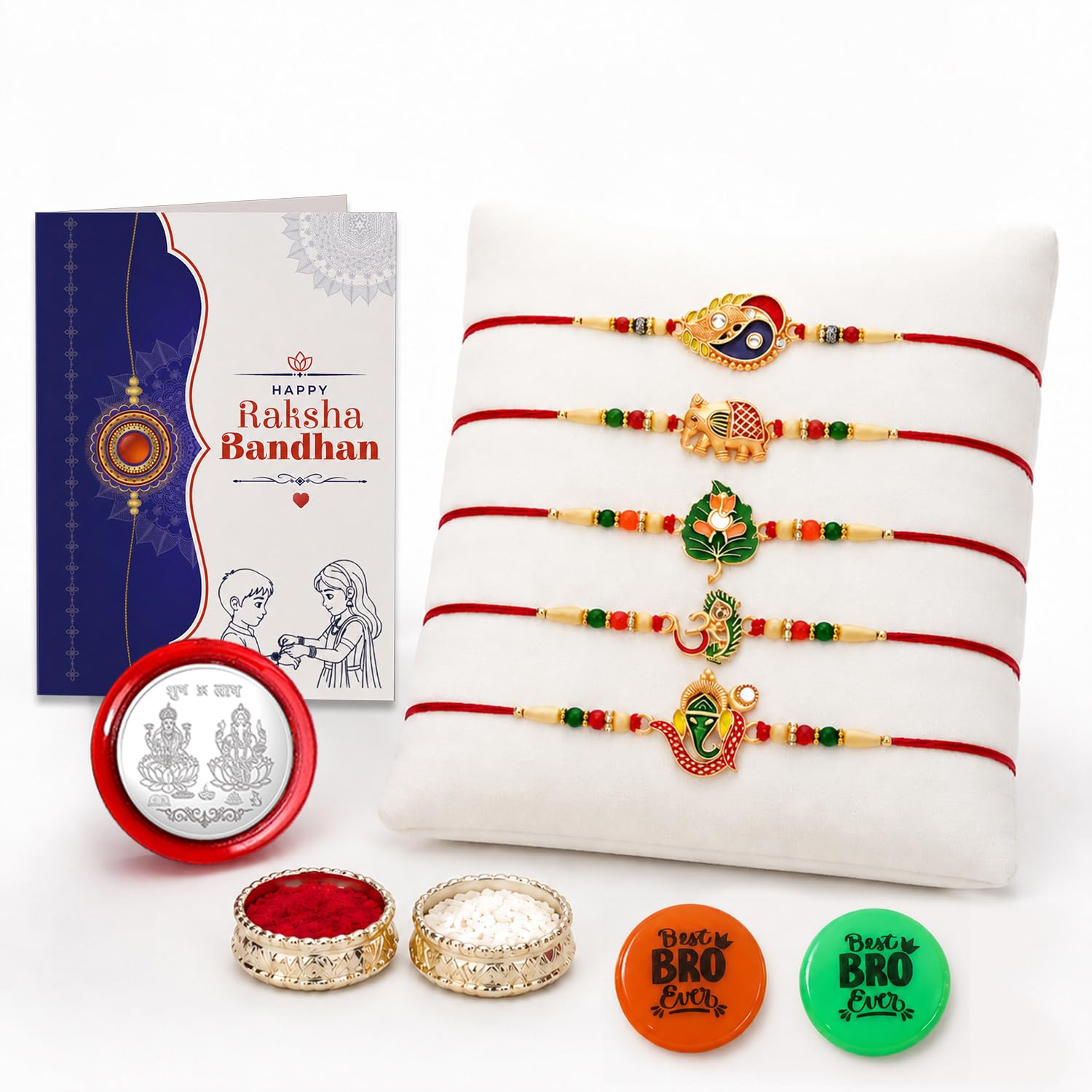 Oblivion Rakhi Set for Brother (Set of 5) – Stylish Designer Rakhi Combo with Roli Chawal, Silver Color Coin, Multicolour Magnets & Greeting Card – Traditional Raksha Bandhan Gift Hamper for Bhai