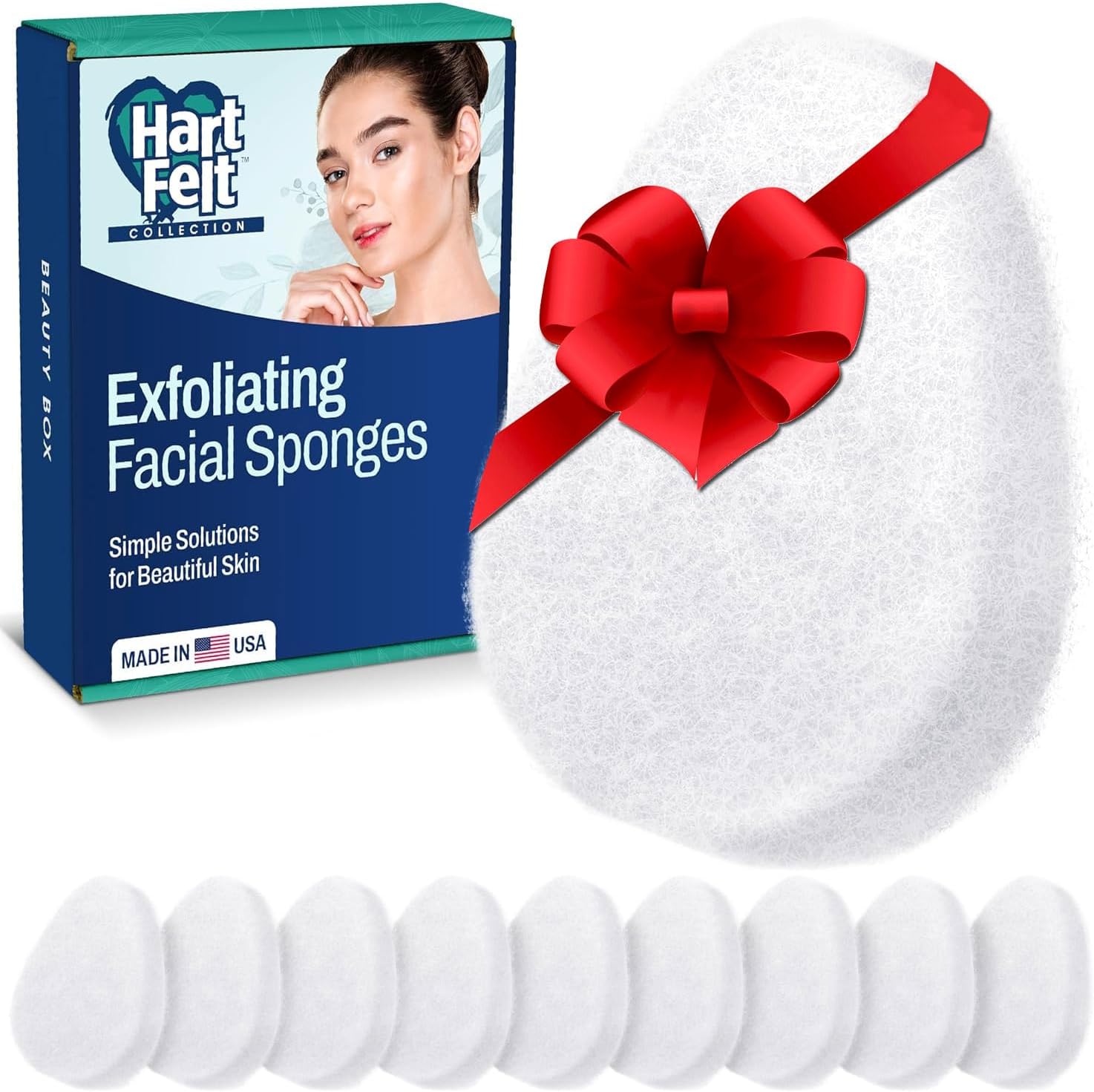 HartFelt [10 Pack] Regular Exfoliating Facial Sponge for Face - Daily Cleansing Scrubber - Buf Dirt Away with Puf Styled Reusable Face Pads for Removing Makeup, Dirt, and Dead Skin - Made in USA