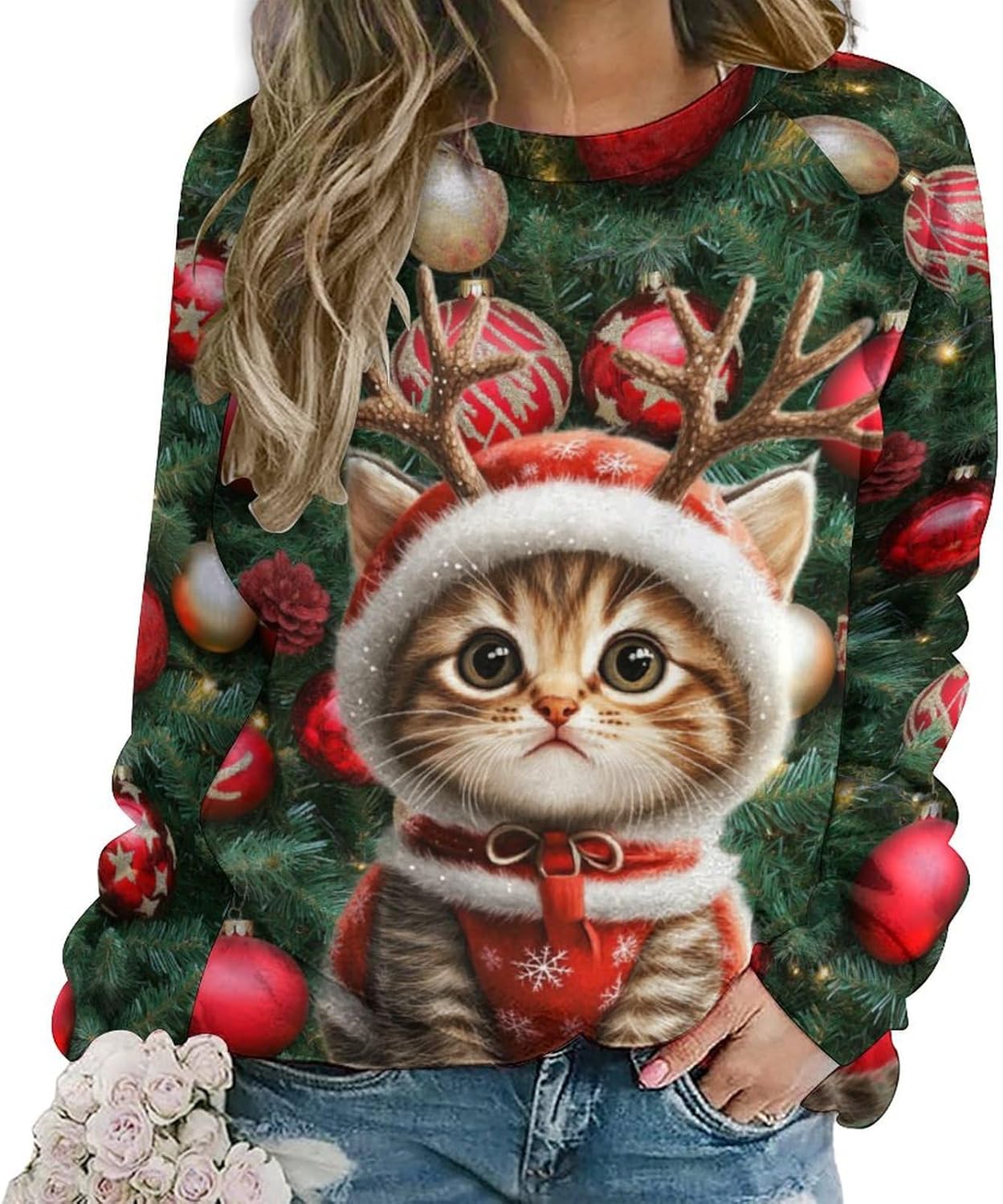 MARSVOVO Ugly Christmas Sweatshirts for Women Cute 3D Cat Print Long Sleeve Shirt Funny Christmas Tops For Women