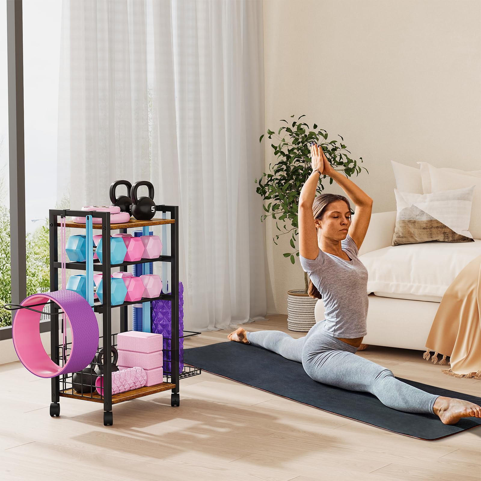 Snughome Dumbbell Rack, Weight Rack for Dumbbells, Home Gym Storage Rack for Kettlebells, Workout Equipment, Foam Roller and Yoga Mat Storage Rack, All in One Dumbbell Rack with Wheels and Hooks