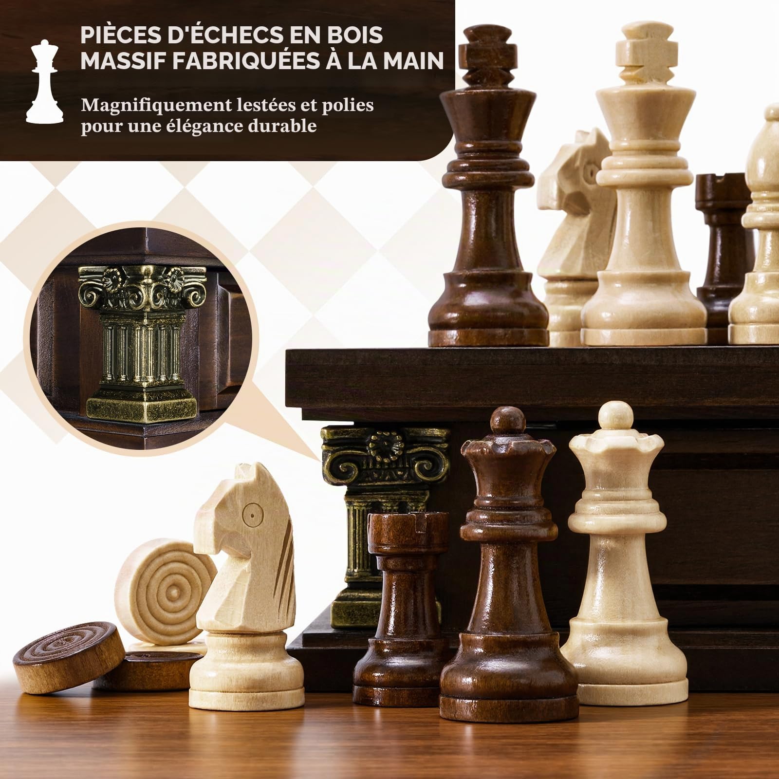 Peradix Jeu d'échecs magnétique 2 en 1 avec 2 tiroirs de rangement intégrés, jeux d'échecs classiques 2 en 1 avec 2 reines supplémentaires pour enfants et adultes, jeu d'échecs portable de voyage