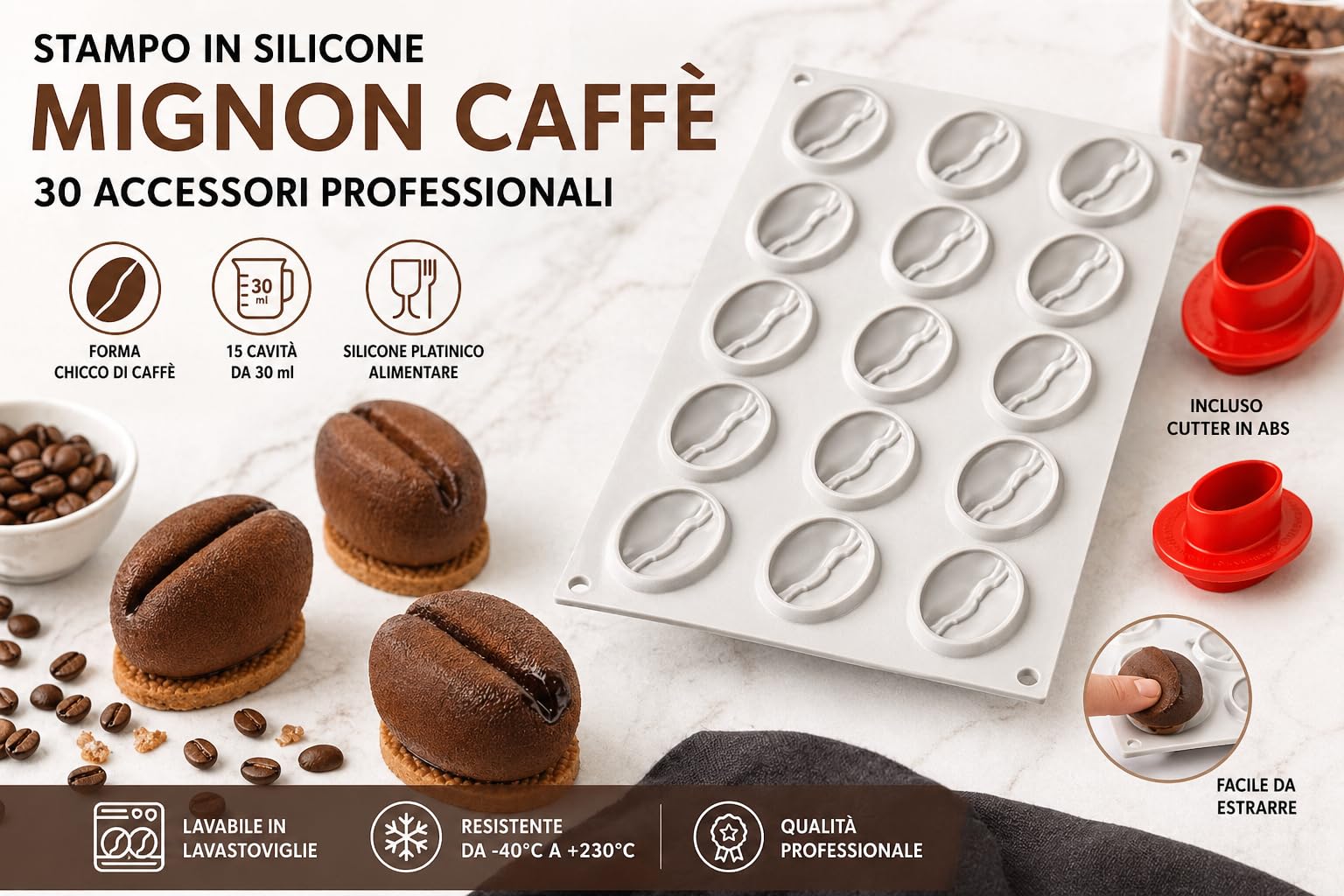 Stampi in Silicone Frutta Realistica 3D per Pasticceria – Set con Varianti Chicco Caffè, Limone Lime, Cacao e Pistacchio con Cutter, Stampo Professionale per Mousse, Semifreddi (Chicco Caffè)