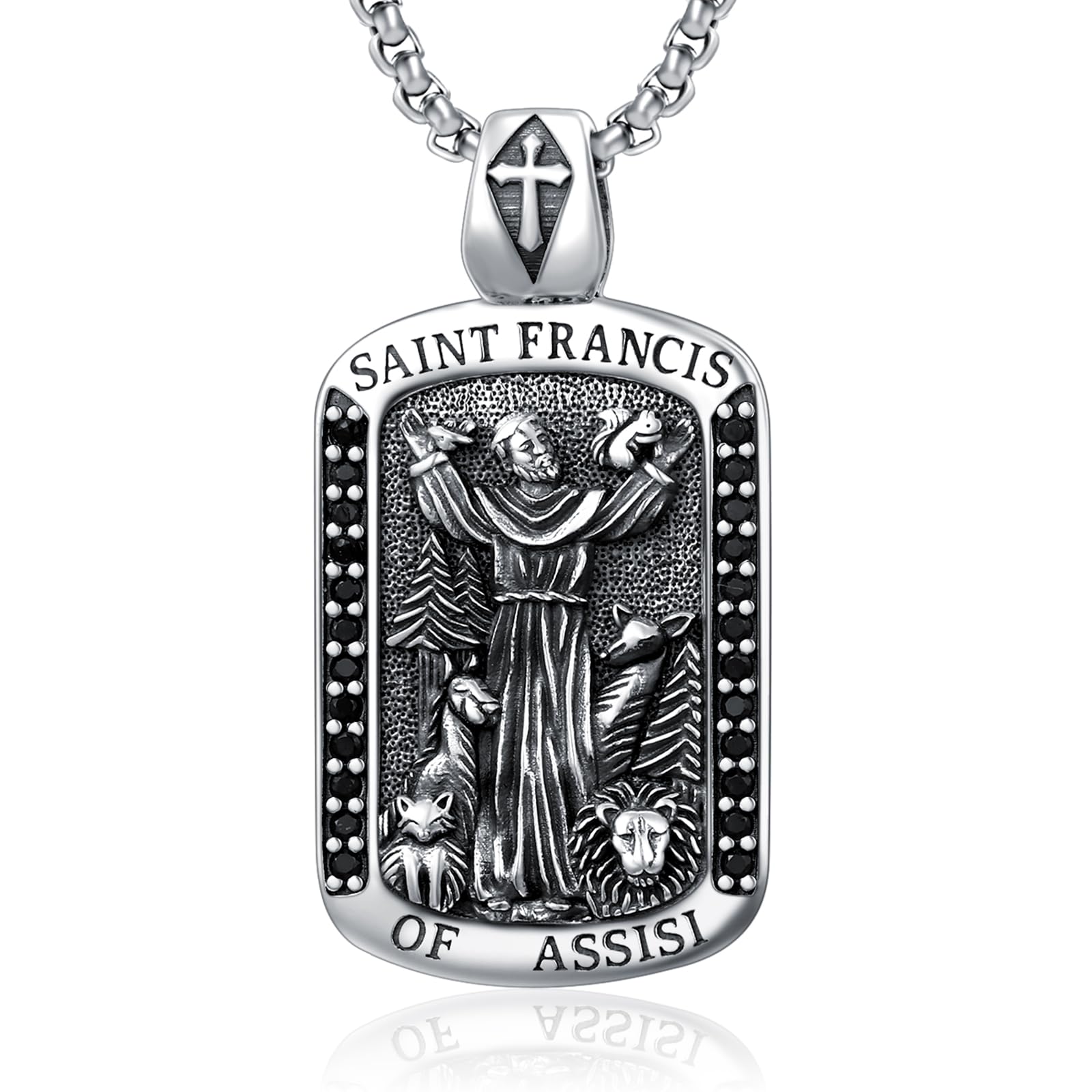 KINGWHYTE Saint Francis Necklace 925 Sterling Silver Catholic Pendant Amulet Jewelry Religious Gifts for Men with Stainless Steel Pearl Chain 22+2 inch
