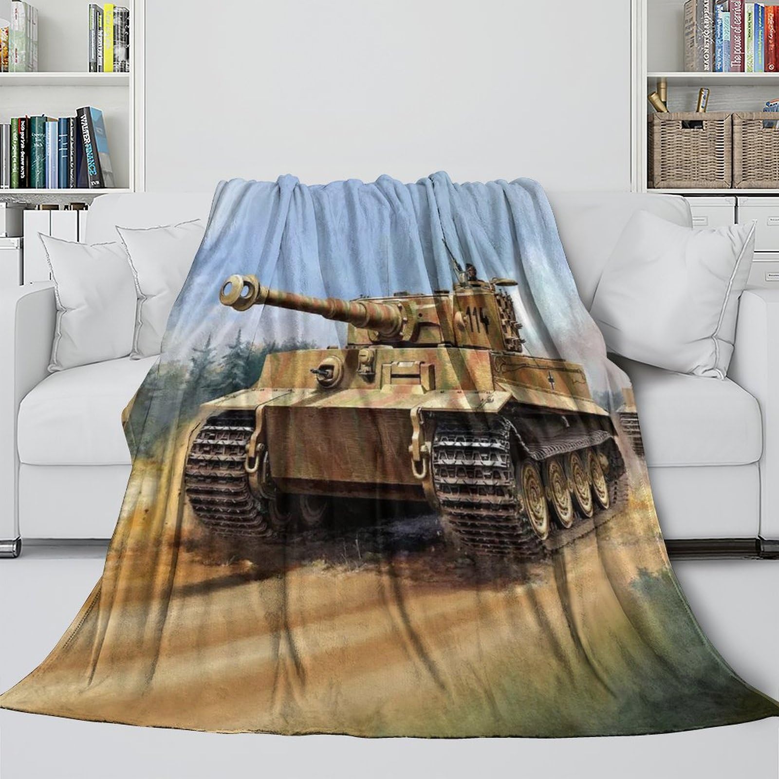 Przytulny koc 150 x 200 cm, lekki koc flanelowy, czołg z II wojny światowej, na kanapę, ciepły tygrys, koc polarowy, jako narzuta na kanapę, do salonu, podwójny koc o szerokim zastosowaniu