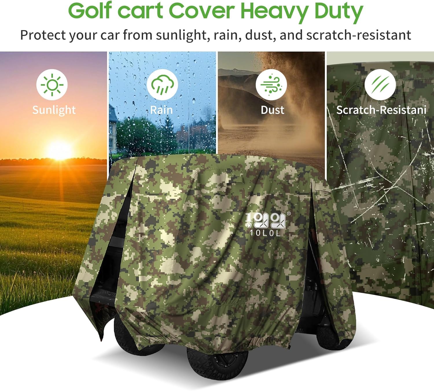 10L0L Housse de chariot de golf pour 4 + 2 passagers, convient pour Yamaha EZGO, Club Car, housse imperméable en polyester 420D avec trois portes à fermeture éclair, coupe-vent et solaire, camouflage