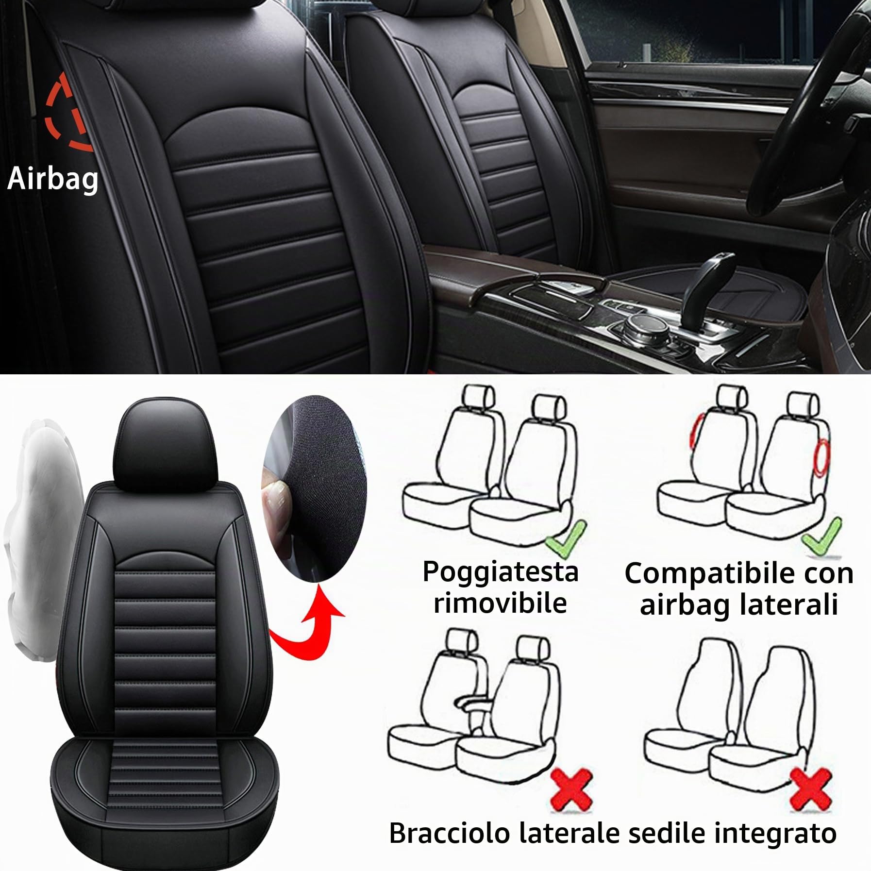 Set di 2 coprisedili anteriori in ecopelle per VW Amarok Beetle Bora CC Caddy EOS Fox Golf Plus SV Jetta Passat Polo Sharan T-Cross T-Roc Taigo Tiguan Allspace Touran e-Golf Golf