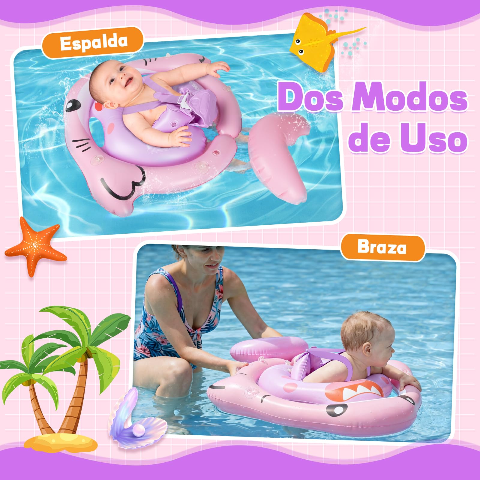 NYOBABE Flotador Bebe para 6-36 Meses, Flotador Bebe con Sombrilla UPF 50+ y Doble Cámara de Aire, Asiento de Seguridad Ajustable, Cámara de Aire Trasera Antivuelco, Flotador para Bebés 1-3 Año
