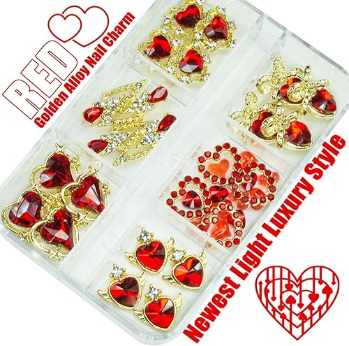 Miniatura 2 de qiipii 36 dijes de uñas de corazón rojo, oro rojo, aleación de lujo, para uñas, diamantes de imitación rojos 3D, diamantes de imitación para uñas,