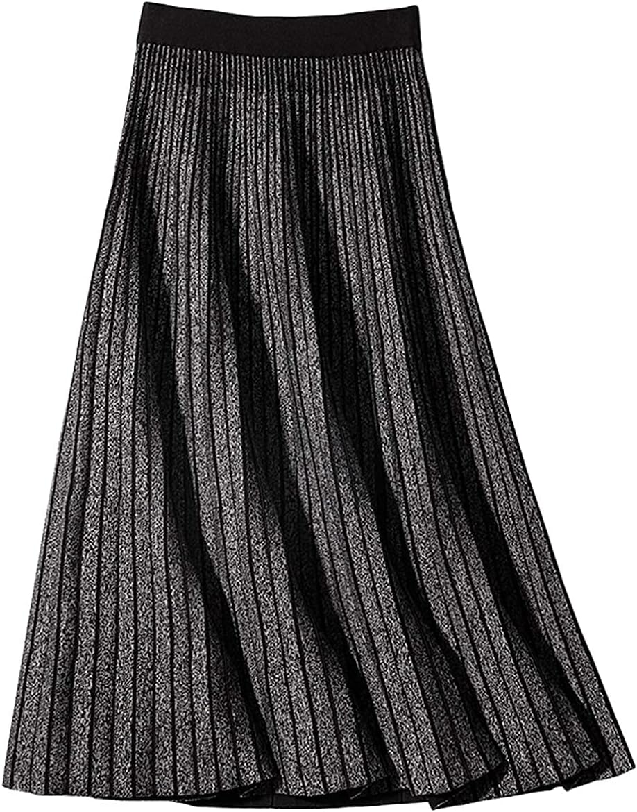 CHARTOU Women's Winter Reversible Stretchy Waist Knitted A Line Pleated Midi Skirt