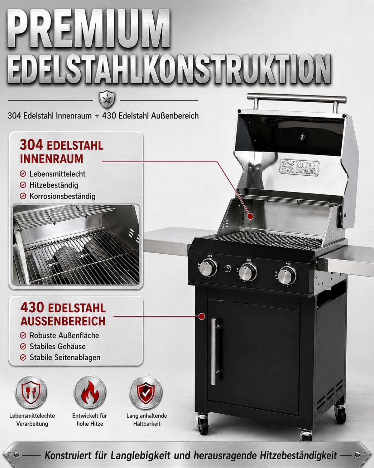 Premium Gasgrill 3 Brenner 10,5 kW Grillrost komplett montiert, Outdoor-Grill für Garten & Terrasse, 304 Edelstahl-Brenner schwarzer PVD-beschichteter Edelstahl-Korpus 1,2 x 0,6 x 1,2 m