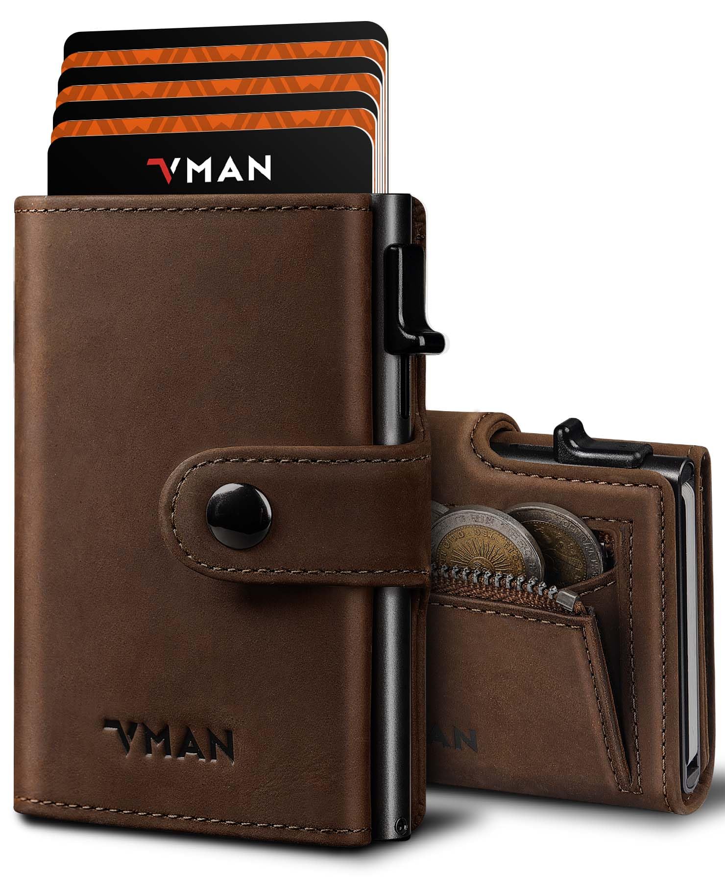 VMAN Geldbörse Herren, Slim Wallet mit Münzfach, RFID Schutz, Crazy Horse Leder Portmonee Geldbeutel für 8–11 Karten, Kleines Kartenetui für Alltag & Reise - Vintage Braun