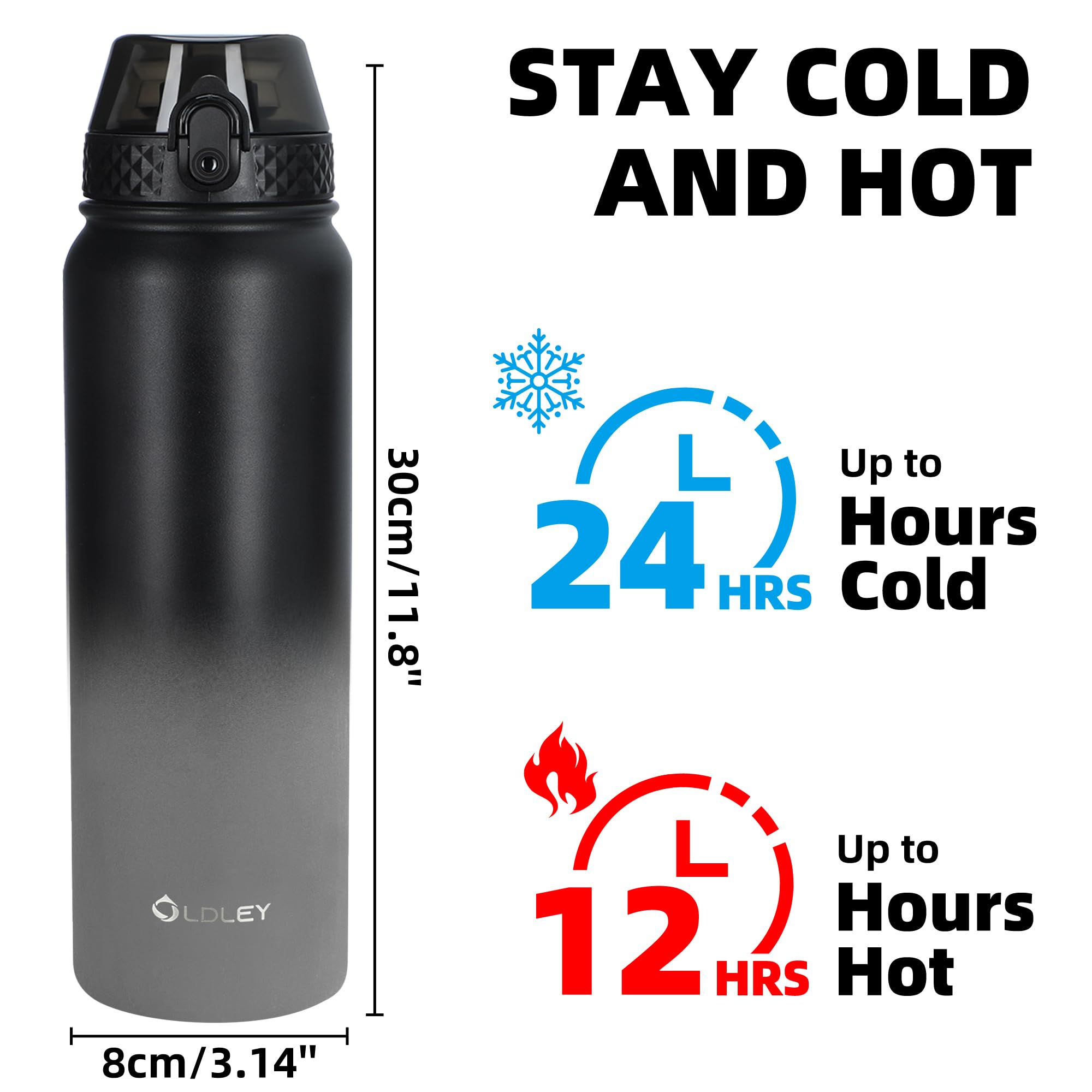 OLDLEY Stainless Steel Water Bottle with Straw 1L Vaccum Insulated Large Drink Flask Metal Water Bottles 1 Litre Leakproof Keep Drinks Hot Cold for Sports Gym Travel Adult Women Men(Black Grey - Image 4