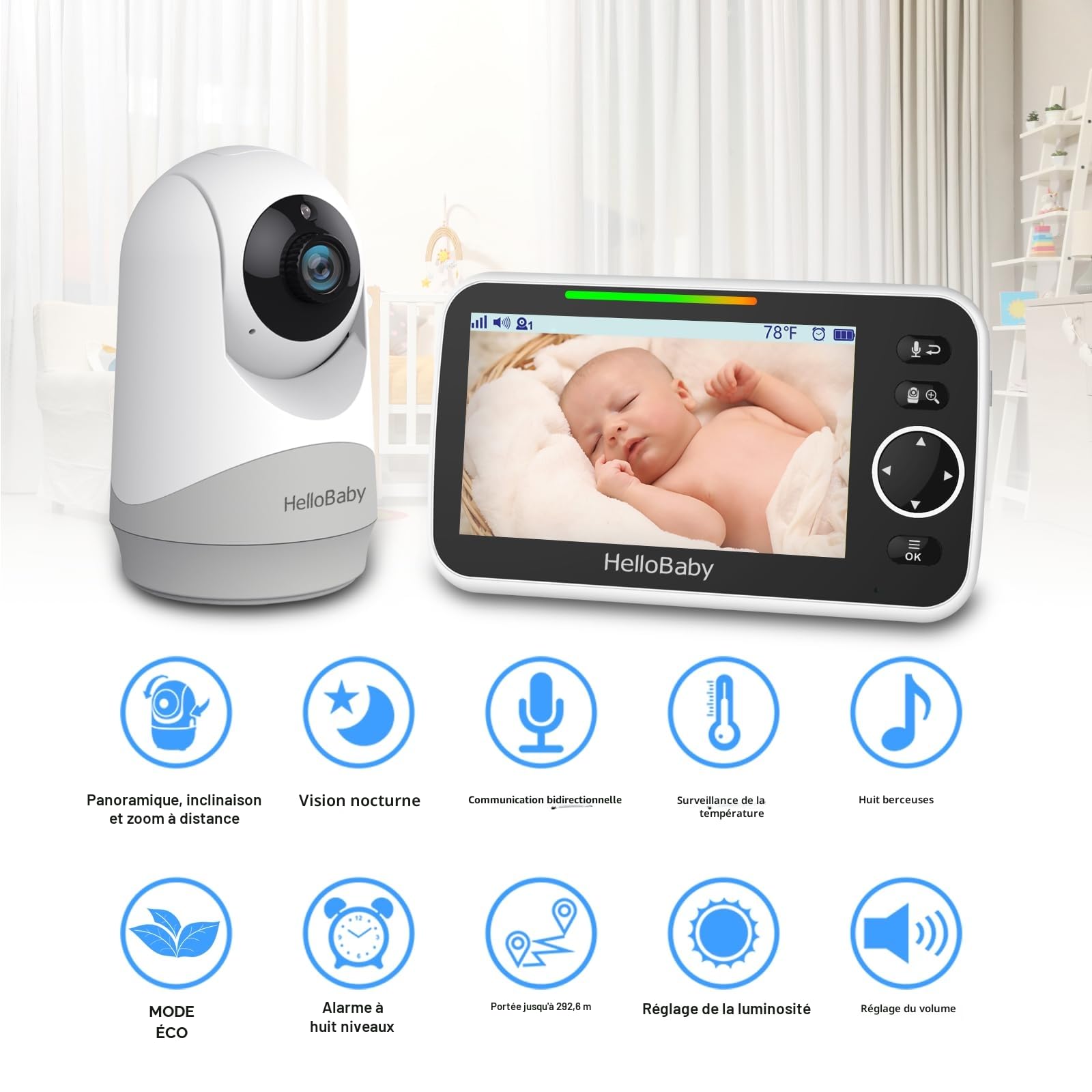 HelloBaby Moniteur avec Caméra et Audio, Écran Large de 5'' avec Batterie 3500mAh, Caméra Rotative et Zoom à Distance, Communication Bidirectionnelle, Mode Éco, Vision Nocturne Automatique