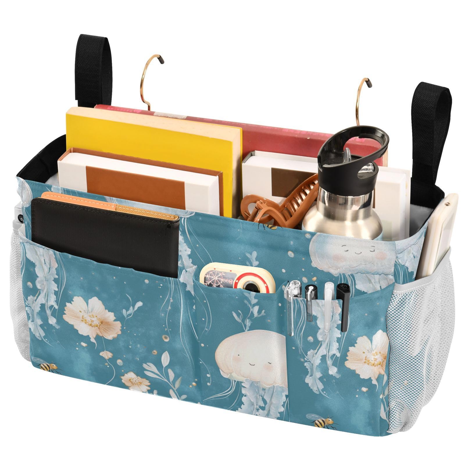 FRODOTGV Bedside Storage Organizer Side Bed Organizer Hanging Pocket Bag for Glasses Books Mobile Phones Keys Cute Jellyfish Teal